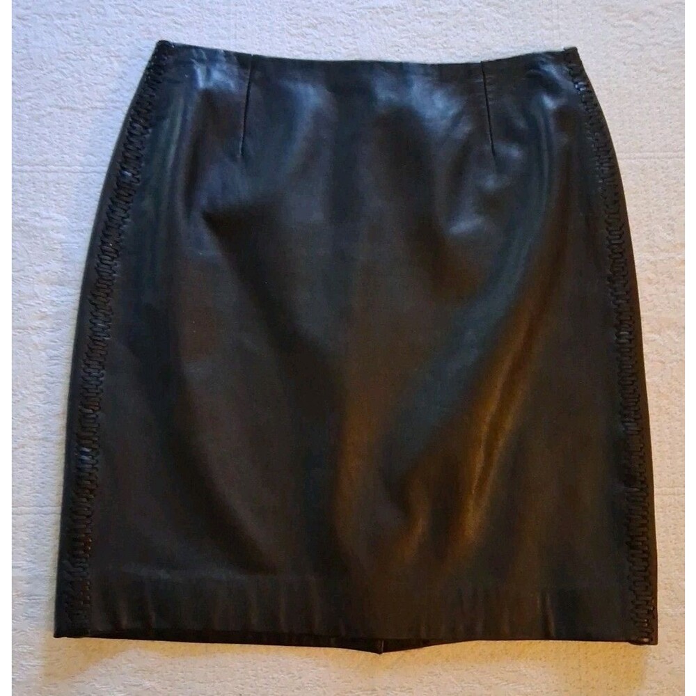 Lafayette 148 New York  Black Leather Midi Skirt SZ 6 100% Leather